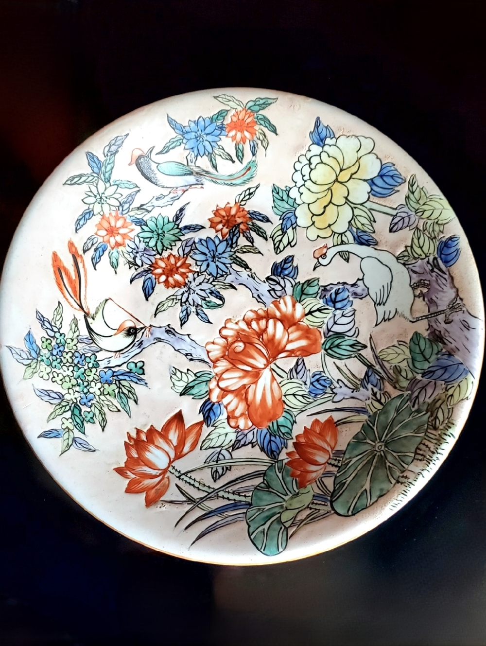 Vntg 14" XL Chinese Famille Rose Ceramic Charger Platter Chrysanthemums Birds